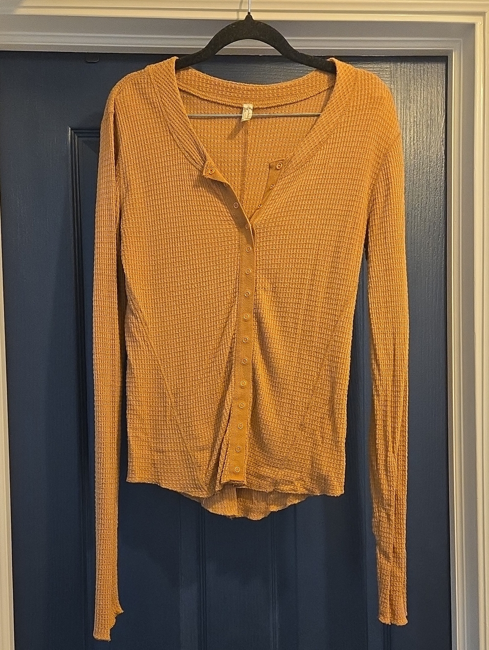 Free People Large Tarracotta Waffle-Knit Long Sleeve Button Front Top
